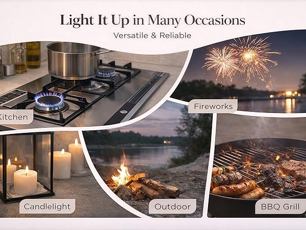 Multi-scene lifestyle showing kitchen stove, fireworks, candlelight, outdoor, use scenarios.