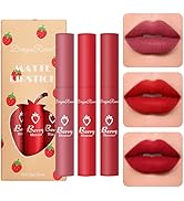Sulily 3Pcs Dark Red Matte Lipstick Set,Red Matte Lipstick Long Lasting for Women,Velvet Air Mois...