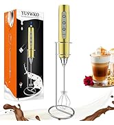 YUSWKO Champagne Gold Handheld Milk Frother Wand with Stand for Coffee, Rechargeable Electric Whi...