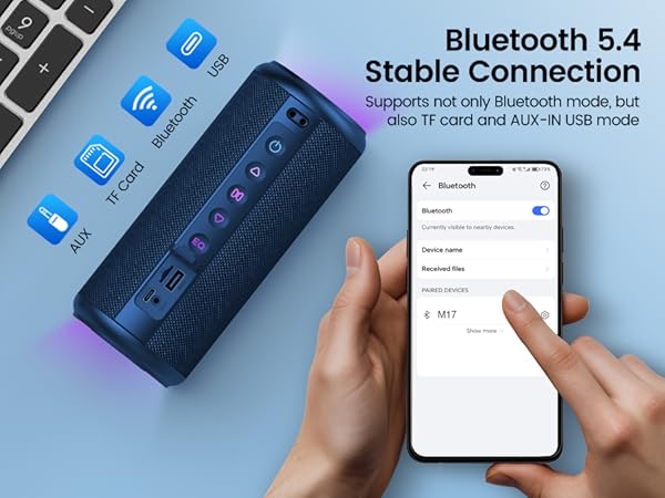 Text reads 'Bluetooth 5.4', 'Stable Connection'. Series of smartphone interface screens showing Bluetooth connection setup and settings.