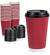 [50 Pack] Disposable Coffee Cups with Lids - 16 oz Dark Red Double Wall Ripple Sleeves Insulated ...