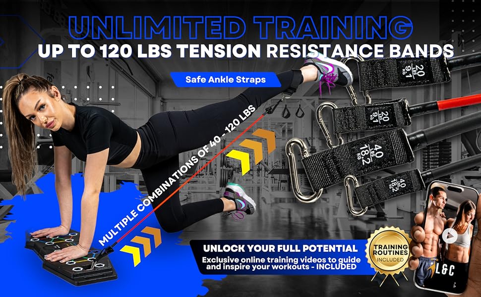 Push up board with resistance bands multiple combination 40 to 120 tension with training routine