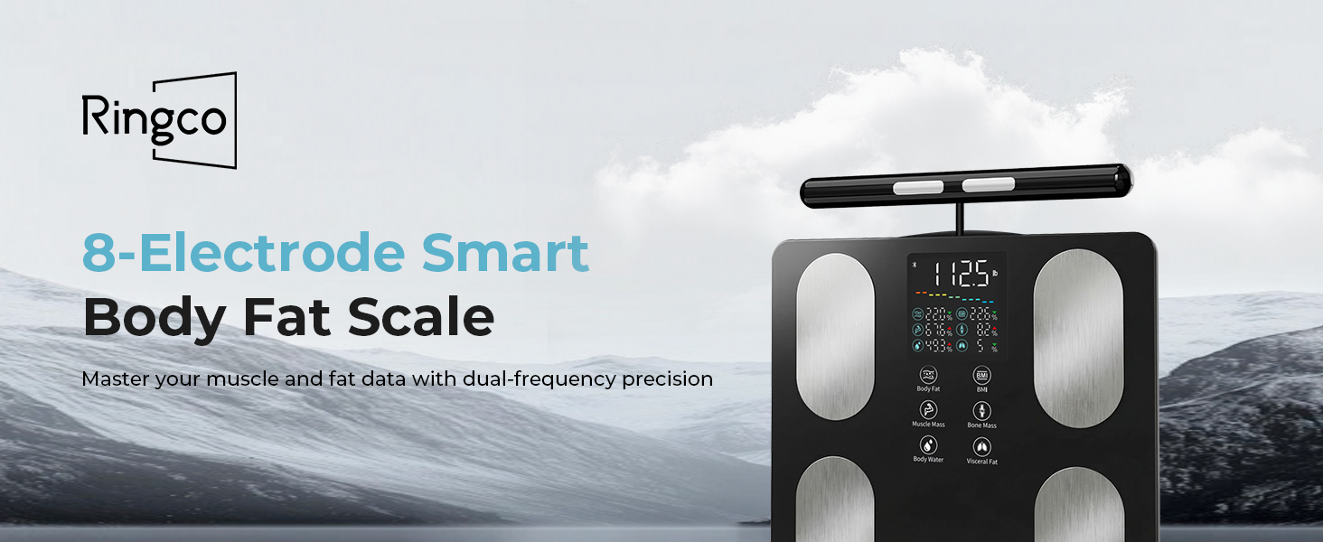 Front display image of an 8-Electrode Smart Body Fat Scale and the Ringco brand logo.