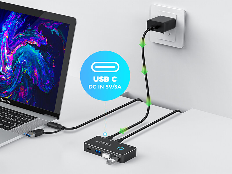 USB C 3.0 Switch with 5V USB Type-C Power Input Port