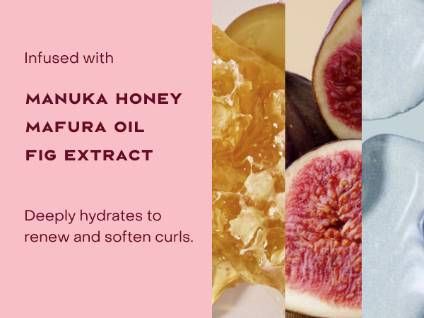Image of formula infusion ingredients: manuka honey, mafura oil, and fig extract.