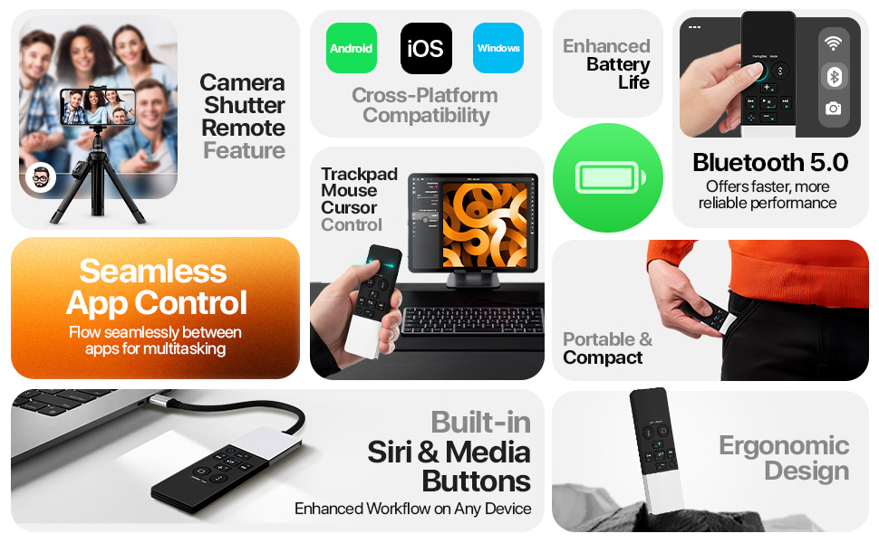 Remote with arrows and media keys; iPad remote control.