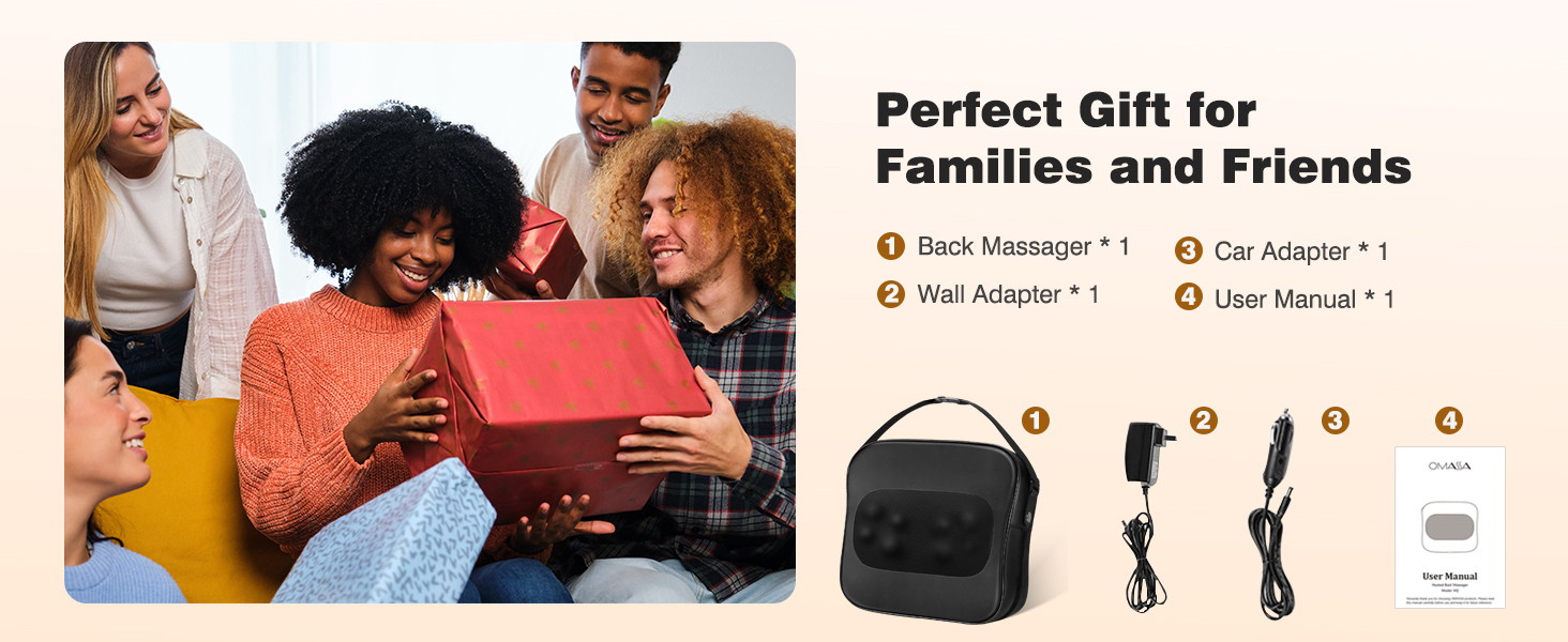 Product package contents: black carrying case, cables, and user manual. Text indicates it's a gift for families and friends.