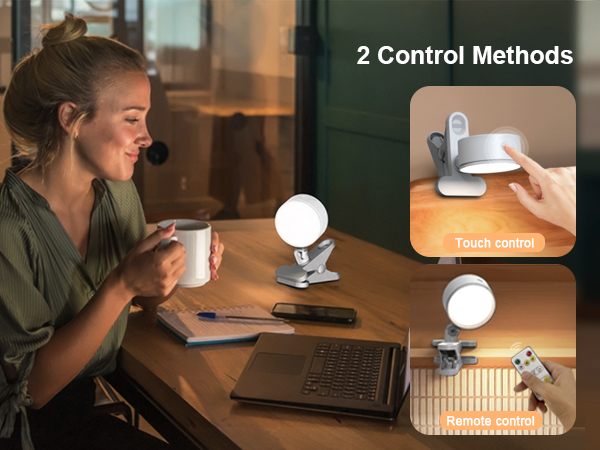 Text reads '2 Control Methods'. Multiple images showing someone using a device in a dimly lit setting at a desk with warm lighting.