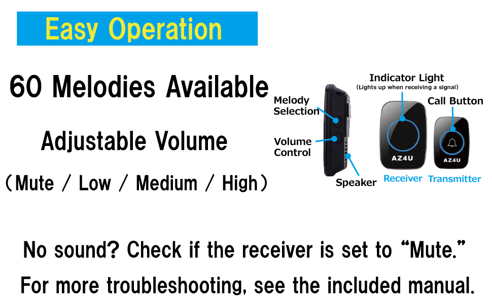 AZ4U wireless doorbell with 60 melodies and adjustable volume controls on the receiver