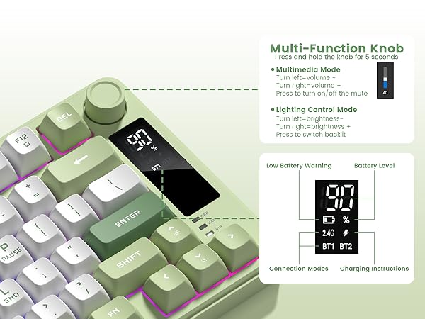 mechanical keyboard featuring a multi-function knob and a small display screen