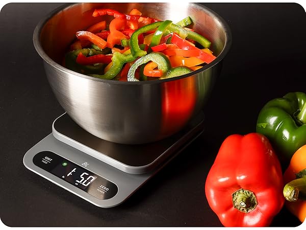 greater goods high capacity scale with sliced peppers in large bowl