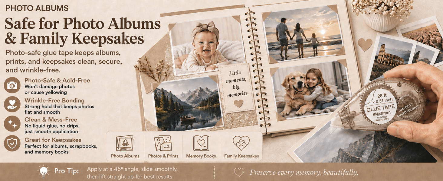 Photo-safe glue tape, photo albums, family keepsakes, memory books