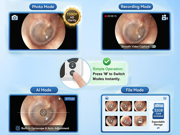 Digital otoscope with HD screen showing photo, video and AI modes, stable view and easy control.