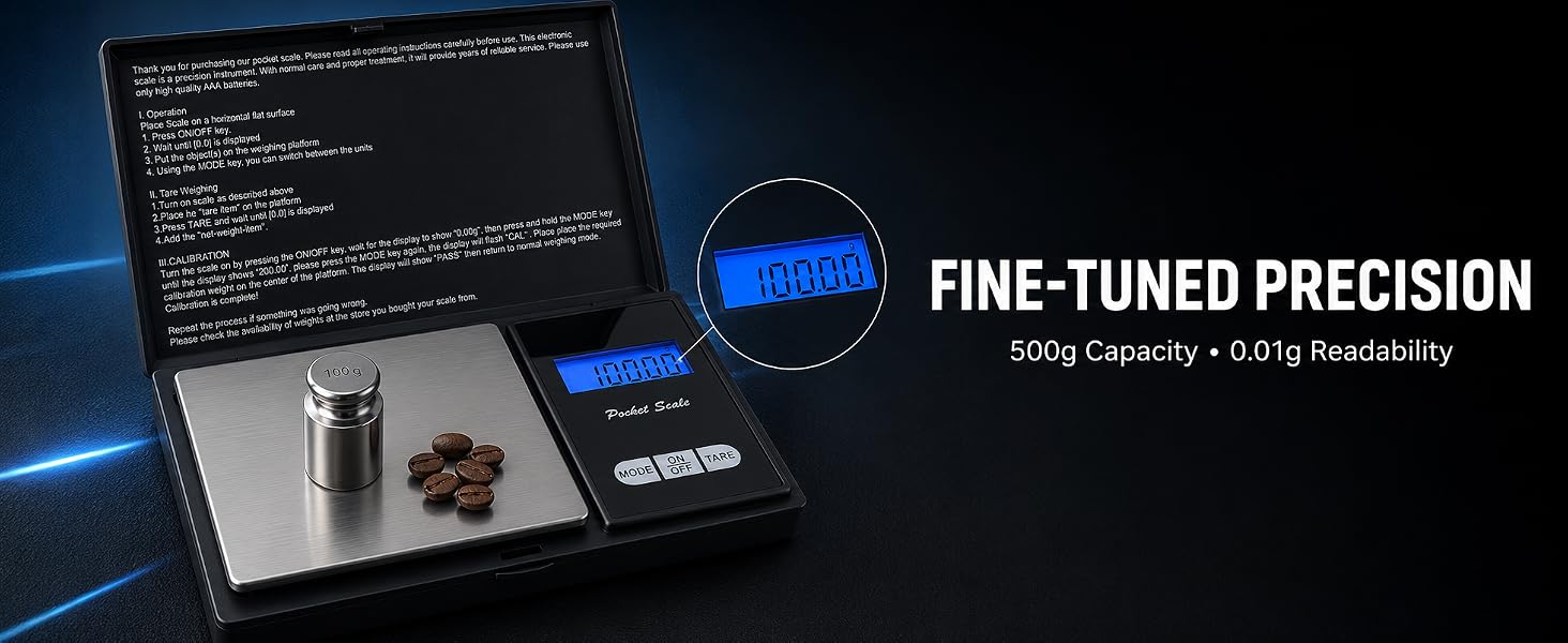 500g capacity pocket scale with 0.01g readability and blue LCD.