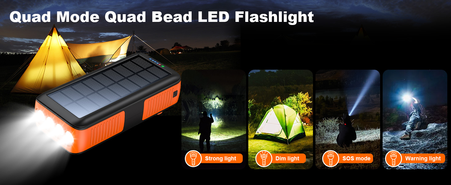 Solar Power Ban Dual Inputs 4 LEDs Flashlight