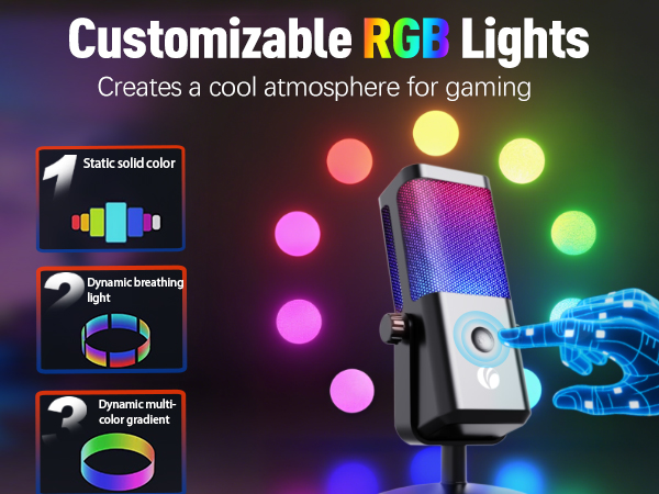 Text reads 'Customizable RGB Lights' and 'Creates a cool atmosphere for gaming'. Product showcase featuring colorful RGB lighting system with pink, yellow, and green illumination against dark background.