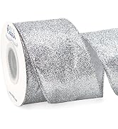 Ribbli Silver Glitter Wired Ribbon with Silver Metallic Edge,Christmas Ribbon for Wreath, Tree De...