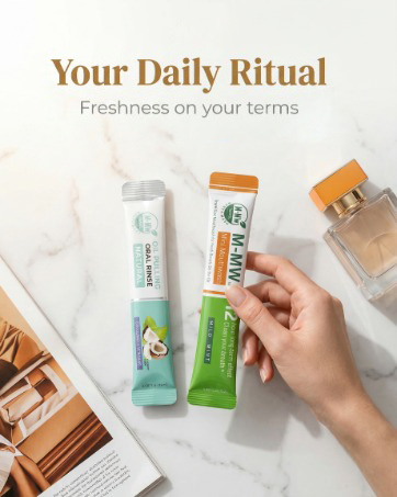 A hand holding M-MW mouthwash sachets as part of a daily freshness ritual.