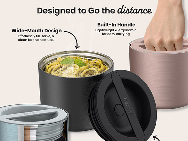 bentgo stainless steel, triple layer insulation, built-in handle, wide mouth, hot food, cold food