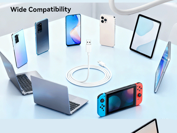 Text visible: 'Wide Compatibility'. Display of various electronic devices including smartphones, Nintendo Switch, and laptops arranged on light blue surface.