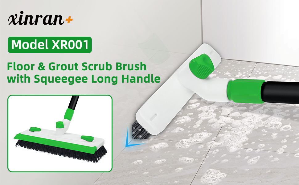 floor scrub brush with squeegee and built-in grout brush long handle for shower patio garage clean