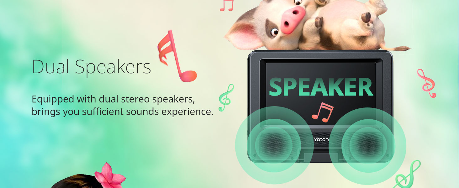 Cartoon-style image of a speaker device with dual stereo speakers. Text highlights 'Dual Speakers' feature. Decorative music notes and animal characters surround the device.