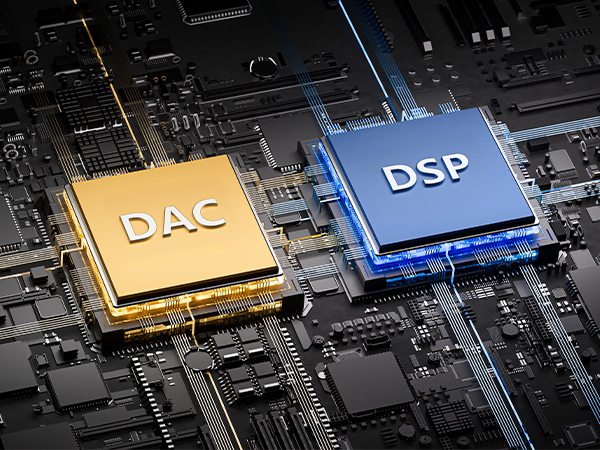 Close-up shots of computer circuit boards featuring components labeled 'DSP' and 'DAC' in gold and blue, mounted on dark electronic motherboards.