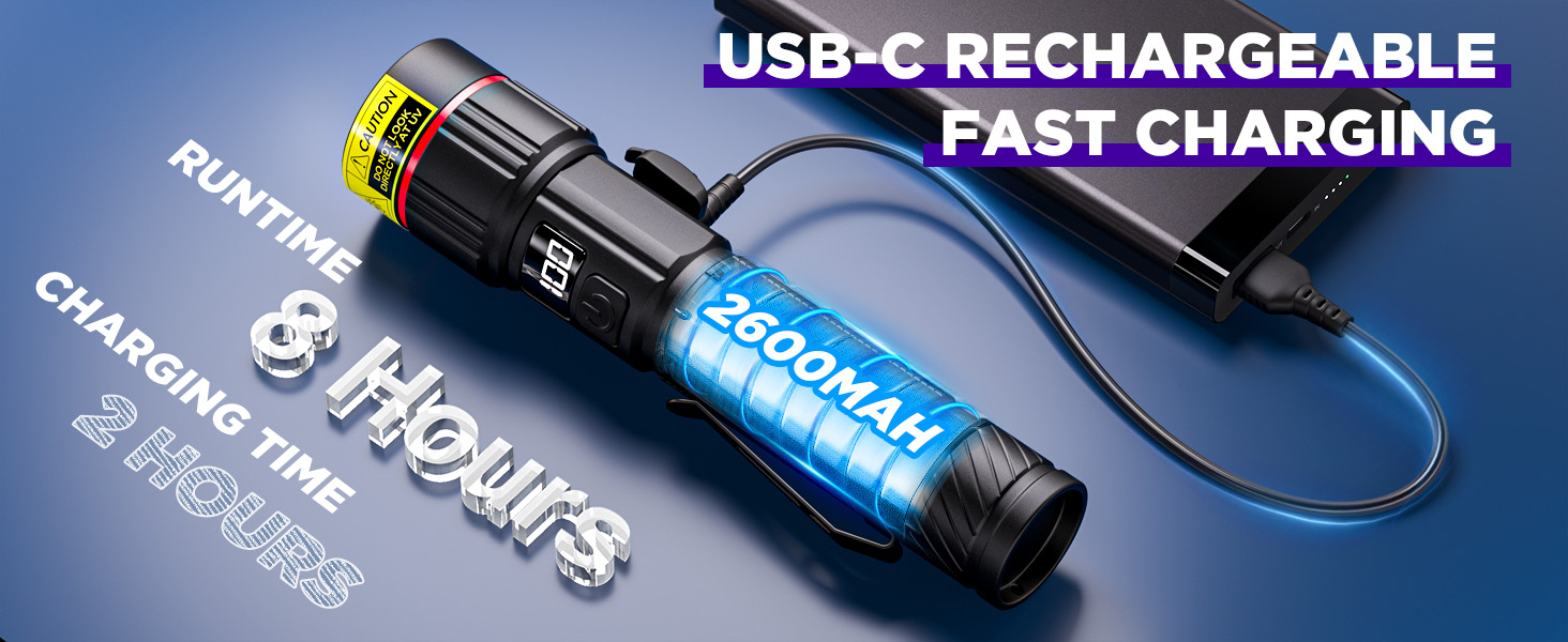 The flashlight is rechargeable, 2 hours to charge, 8 hours to charge