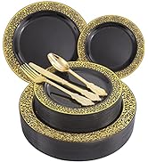 COLOSUS 150pcs Black Plastic Lace Plate with Gold Printed, Disposable Party Plate Dinnerware Set ...