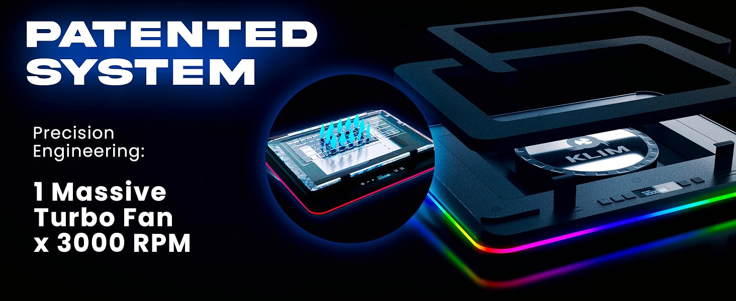 Text reads: 'PATENTED SYSTEM Precision Engineering 1 Massive Motor 14,500 RPM'. Dark product advertisement showing technical specifications with blue LED lighting effects.