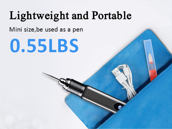 Portable pen-like device weighing 0.55 lbs with metal tip, shown with USB cable and small glass tube on blue surface. Text highlights lightweight and portable features.