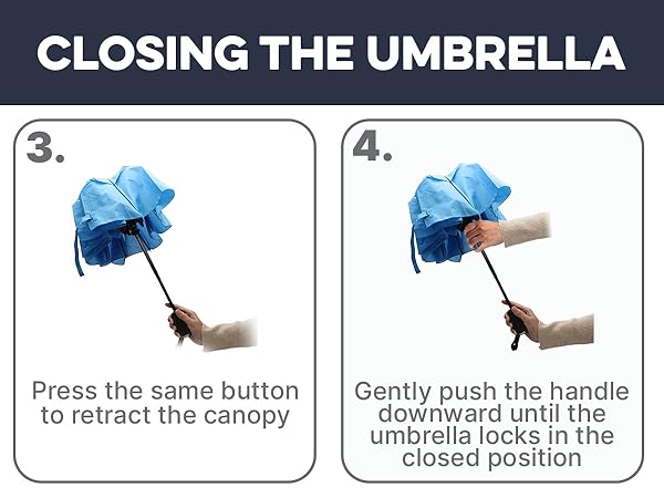 Text reads 'CLOSING THE UMBRELLA' with numbered steps: '3. Press the button to retract the canopy' and '4. Gently push the handle downward until the umbrella locks in the closed position.' Illustrations show blue umbrella closing sequence.