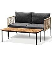 Idzo Oscar Wicker Metal Loveseat with Coffee Table – Black, 2-Seater Outdoor Sofa Set for Small P...