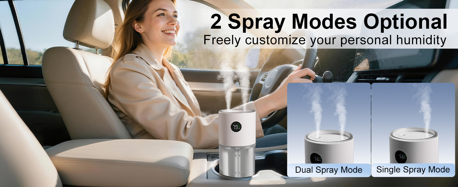 xuenair dual spray car humidifier delivering a powerful 60-120ml/h mist, quickly relieve dryness
