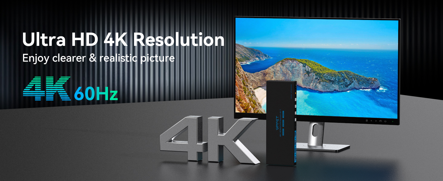 Product display showing Ultra HD 4K resolution monitor with 60Hz refresh rate, featuring coastal landscape image and 4K logo.