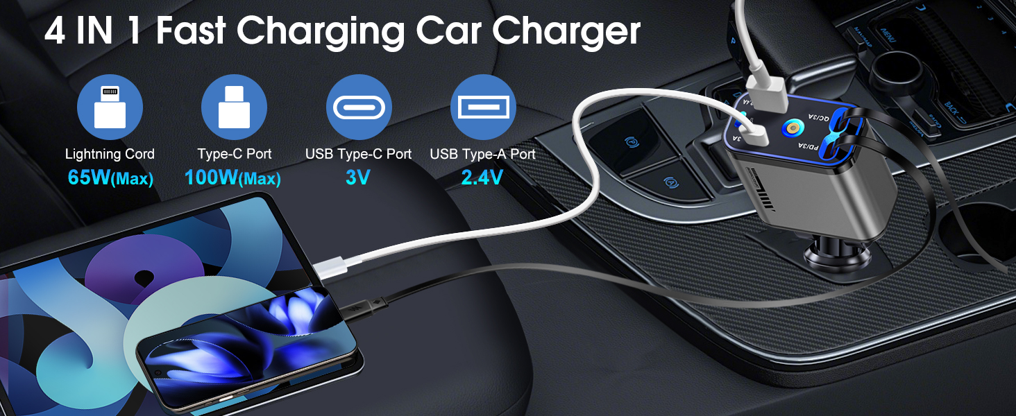 4 IN 1 Fast Charging Car Charger,Includes Lightning and Type-C charging cables,USB C and USB A ports