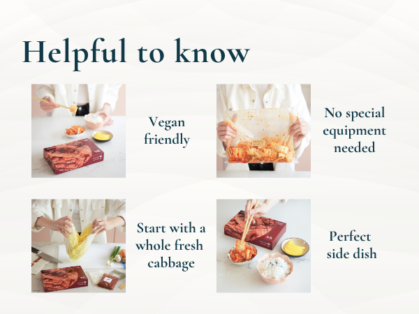 Text reads 'Helpful to know' with four product feature icons labeled 'Vegan friendly', 'No special equipment needed', 'Start with a nice fresh cake', 'Perfect side dish'