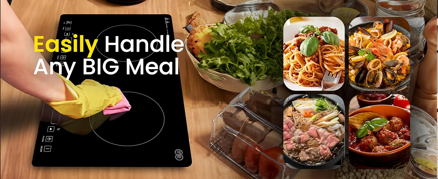 Double induction cooktop, easy to clean and perfect for large meals.