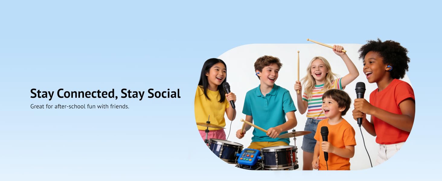 Group of kids aged 4-14 playing music together wearing open-ear earbuds for social interaction.