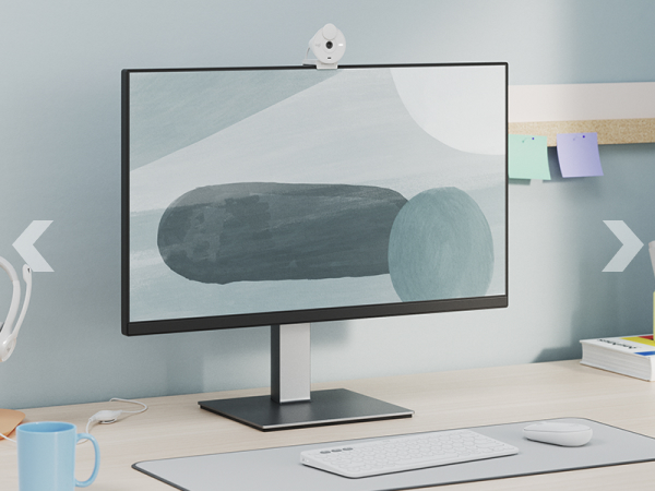 desk setup with brio 300 webcam, h390 usb headset, k390 wireless keyboard, m350 mouse off-white