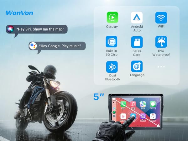 Text reads 'Wonvon' and '5"'. Screenshot of mobile device interface showing various app icons and motorcycle imagery in background.
