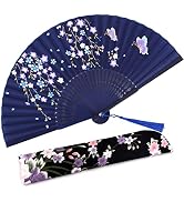 Amajiji Small Folding Hand Fan for Women, Chinese Japanese Vintage Style Bamboo Silk Fans for Par...