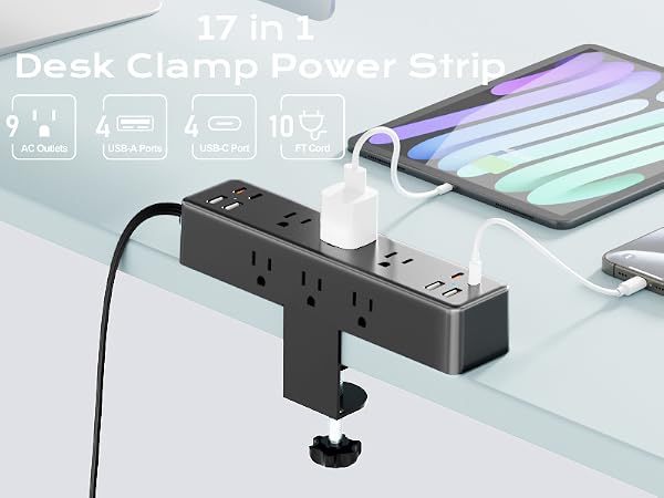 Flat Plug Desk Clamp Power Strip 10FT, 40W Total Fast Charging Station
