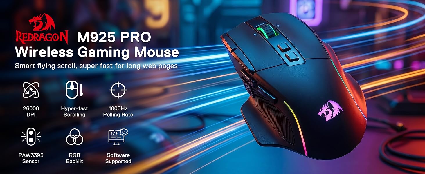 Redragon M925 Pro wireless mouse with fast scroll for work and gaming speeds page navigation