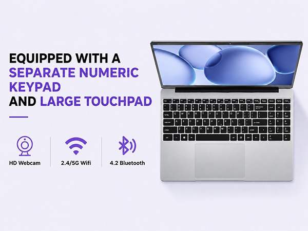 Slim windows laptop computer with numeric keypad HD webcam dual band WiFi.