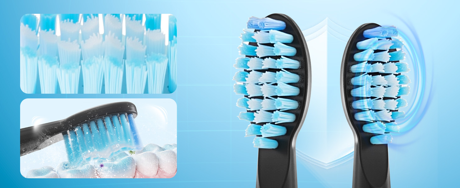 Comparison of toothbrush bristles showing two blue sonic toothbrush heads with spiral bristle pattern alongside traditional manual toothbrush.