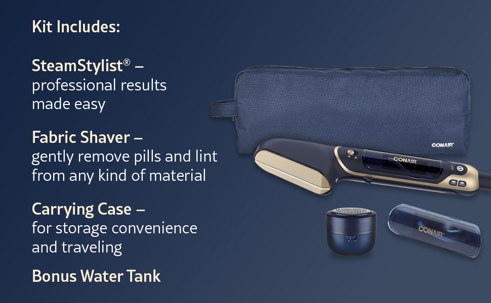 Kit Includes Steam Stylist, Fabric Shaver, Carrying Case, and Extra Water Tank