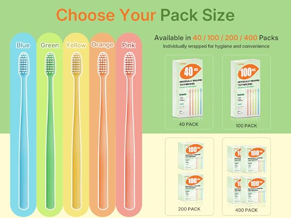 Bulk disposable toothbrush packs 40, 100, 200, 400; individually wrapped, mixed colors