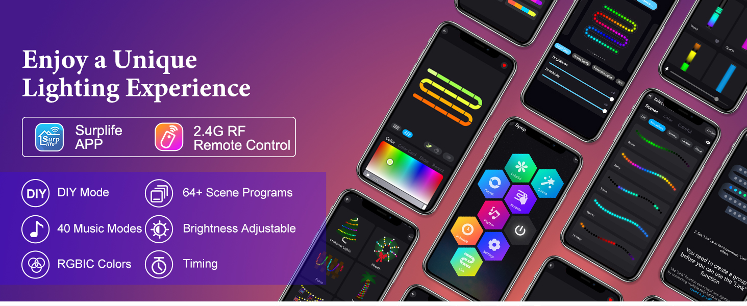 DIY Mode 40 Music Modes RGBIC Colors 64+ Scene Programs Brightness Adjustable Timing