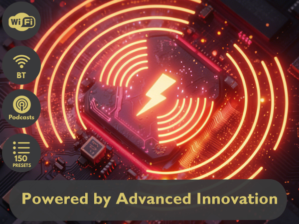 Text reads 'Powered by Advanced Innovation'. Red neon-style curved lines against dark background with WiFi and other connectivity icons.